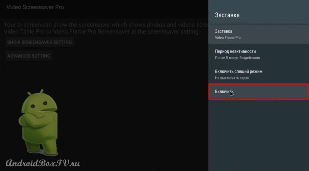 screenshot of the device screen application settings section enable the screensaver