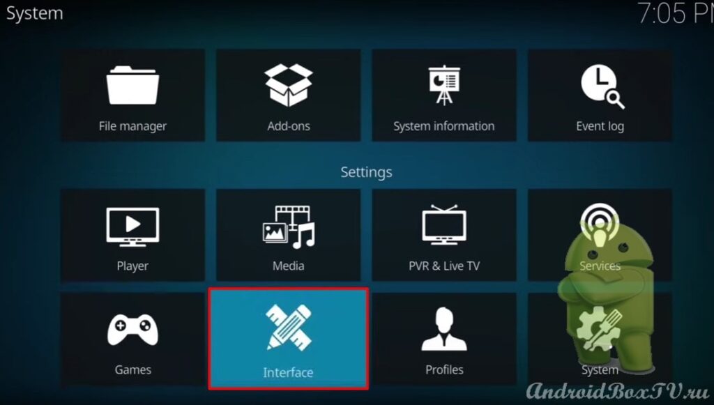 screenshot of the Kodi application screen selection of the interface section