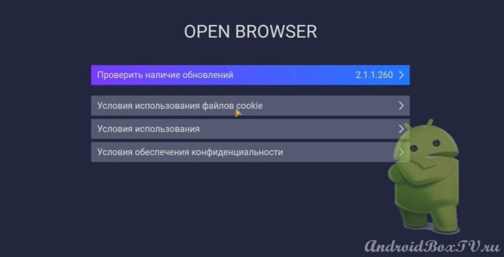 section about the Open Browser program on the Android TV set-top box