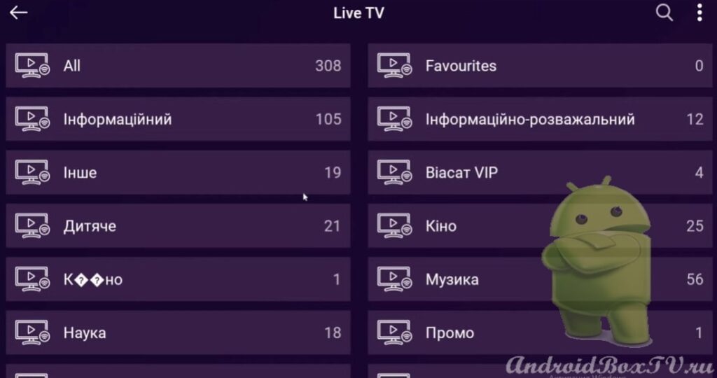 channel categories in PURPLE PLAYER for tv box android tv